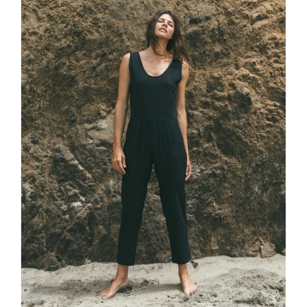 Ozma Coverall Jumpsuit (Sz L) Sleeveless Tapered Crop Raw Silk Noil Black - Picture 1 of 13